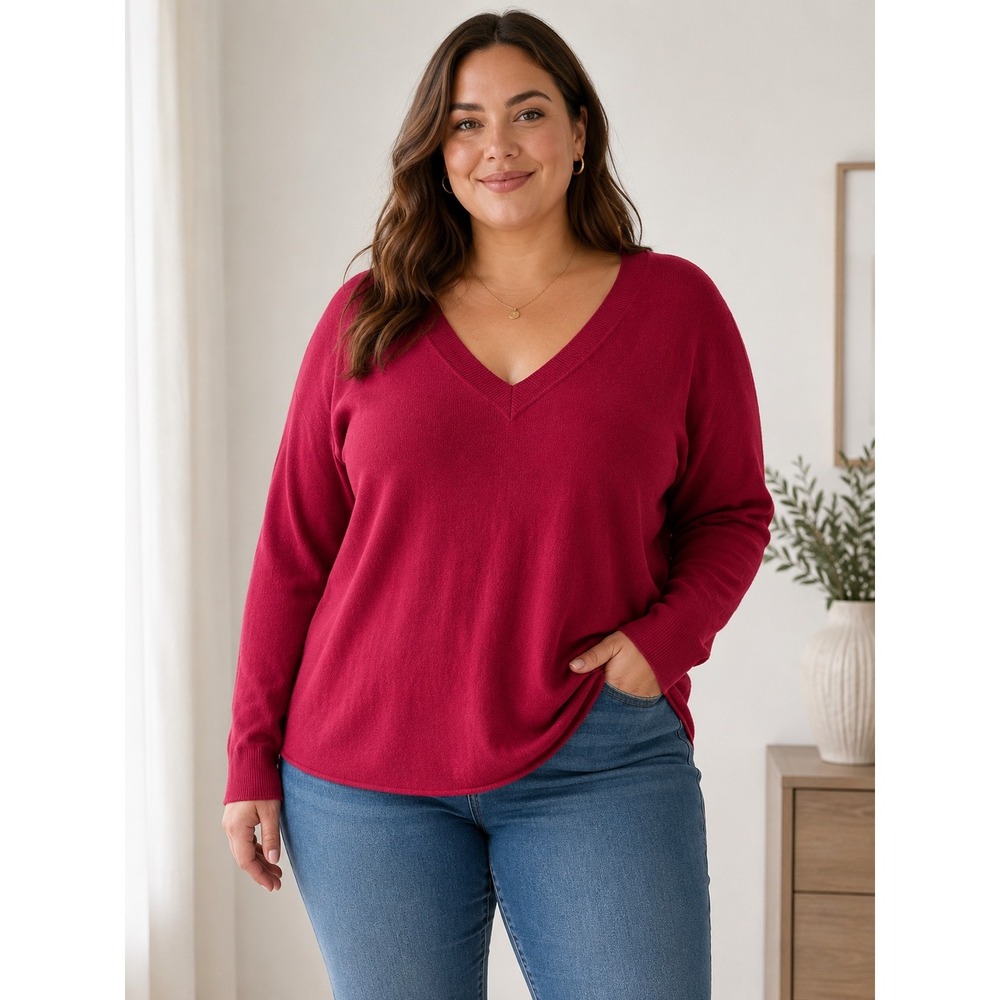 Takeout Womens XL V-Neck Long Sleeve Knit Sweater Cranberry Red Relaxed Fit